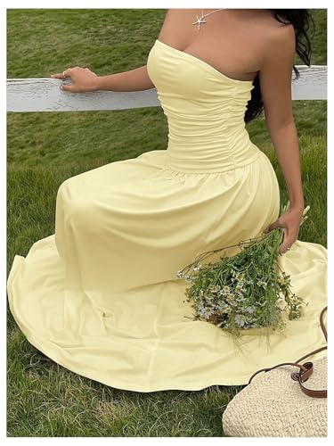 Milumia Women's Strapless A Line Bandeau Maxi Dress Summer Casual Ruched Long Dresses4