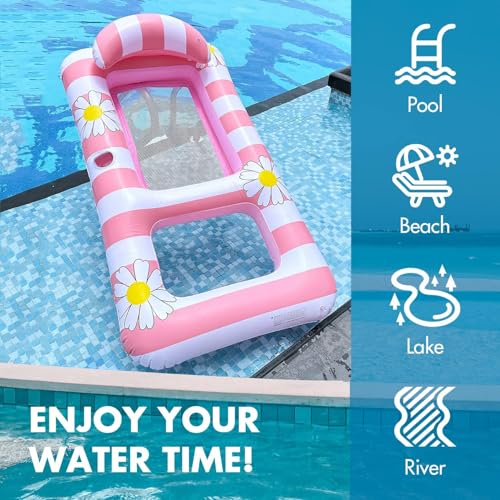 Pool Lounger Floats Adult-Extra Large Pool Inflatable Pool Floaties Raftst Floating Chair Water Floaties for Swimming Pool Lake Lounge Float with Cup Holders Beach Vacation Pool Party (Pink Flower) by GengGeng - Image 6