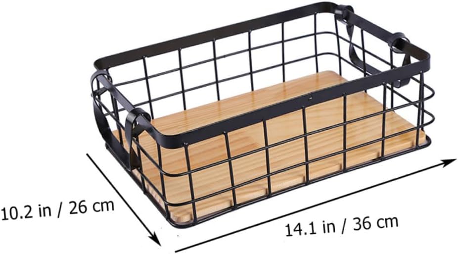 Black Handheld Iron Basket with Wood Base Multi Purpose Household Storage Container for Kitchen Snacks Fruits and Picnic Essentials Sturdy and Compact Design Decorative and