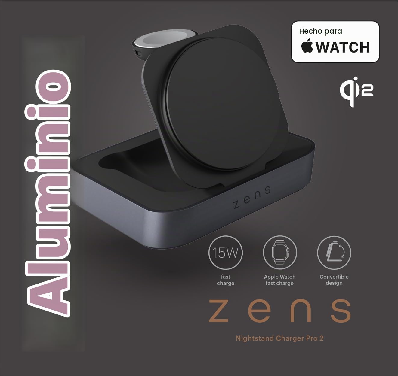 Zens Nightstand Magnetic Wireless Charger Pro 2, Negro | Cargador inalámbrico MagSafe y Qi 15 W para iPhone/Apple Watch/AirPods, incluye adaptador de corriente de 20 W (EU/UK/US)