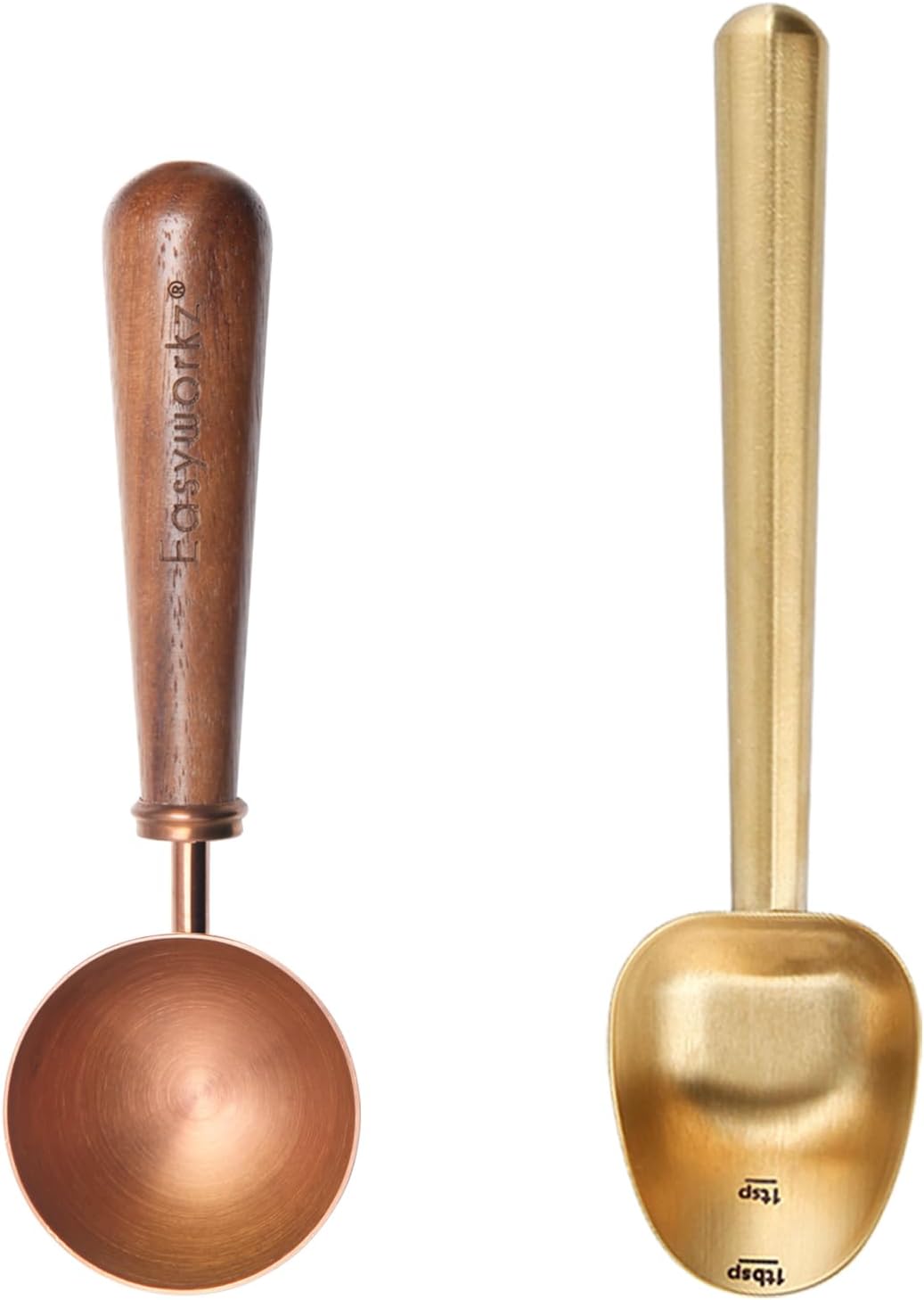 Easyworkz Retro Stainless Steel Coffee Spoon With Black Walnut Handle,10g,Rose gold, Bundled with Long Hollow Handle Coffee Scoop,7g Measuring Spoon for Ground Coffee and Loose Leaf Tea, Brass Gold