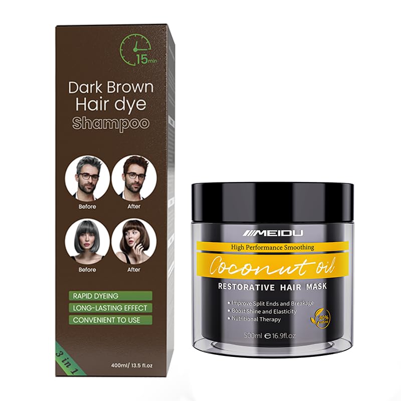 Dark Brown Hair Dye Shampoo and MEIDU Hair Mask for Damaged Hair