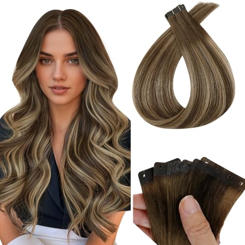 Image of Full Shine Holed Tape in Hair Extensions, Medium Brown Honey Blonde 24 Inch | 50g 20 PCS, Remy Human Hair Extensions Tape In, Invisible Construction, Full Appearance, Party Styling, Straight Texture