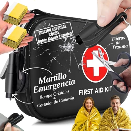 Botiquín de primeros auxilios compacto e impermeable, muy útil para llevar en el coche y usar en caso de emergencia, incluye dos mantas térmicas, vendajes autoadhesivos y martillo rompe cristales