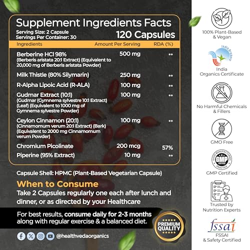Image of Health Veda Organics Berberine Supplements | Berberine HCL 98% 500mg (1060mg per Serving) | Blood Sugar Support, Metabolism Booster | With Gymnema (Gudmar), Cinnamon, R-ALA, Milk Thistle & Chromium | Pack of 2 (60 Veg Capsules Each)