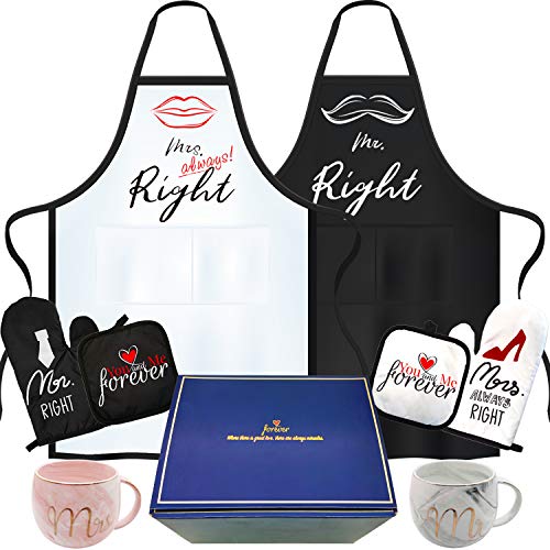 rnairni Mr & Mrs Right Happy Couple Mug Aprons, Best Bridal Shower Gifts | Bronzing Gift Box - Apron, Gloves, Mats, Coffee Mugs Cups, Greeting Cards | Wedding Gifts for Couples Girlfriend