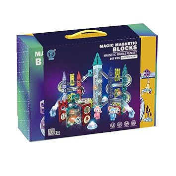 HAPPY HUES 167 Pcs Light-Electric Magnetic Tiles- Building Blocks for Kids | Big Elevator Marble Run | 3D STEAM Toys for Kids | Boys Girls
