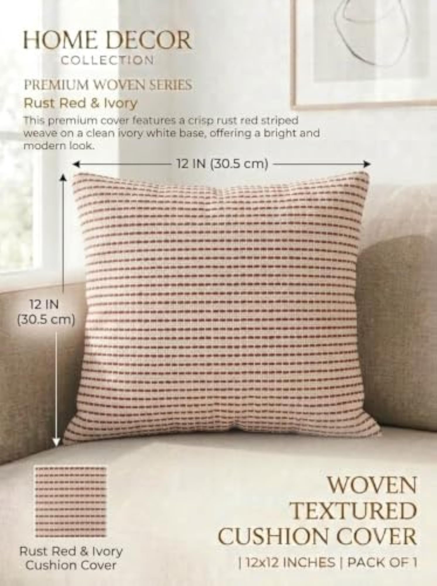 Rust Red & Ivory Embroidered Cushion Cover 12x12 Inches