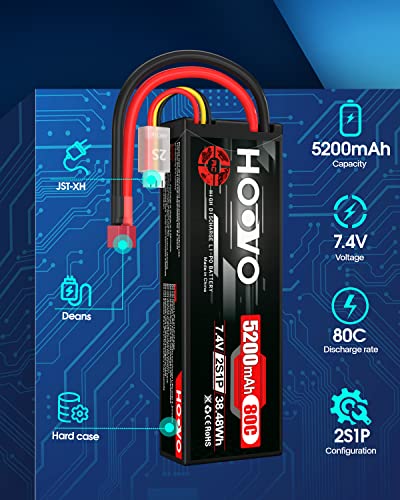 Hoovo 2S 7.4V 5200Mah 80C Rc Lipo Battery Hard Case With Deans Connector For Rc Buggy Vehicles Car Boat Truck (2 Pack) #TOP1