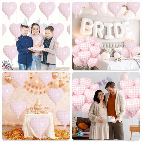 Image of Pink White Checkered Heart Balloons, 10 Pcs Light Pink Grid Heart Shape Balloon, 18 Inch Lattice Foil Valentines Balloons for Kids Girls Birthday Wedding Valentines Bridal Baby Shower Party Decoration