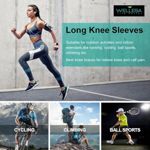 Image of WELLESA Knee Cap Support for Men & Women | Pain Relief Brace | Breathable & 4-Way Stretch | Compression Knee Sleeve for Sports, Gym & Injury Recovery (Long Knee, XXL)