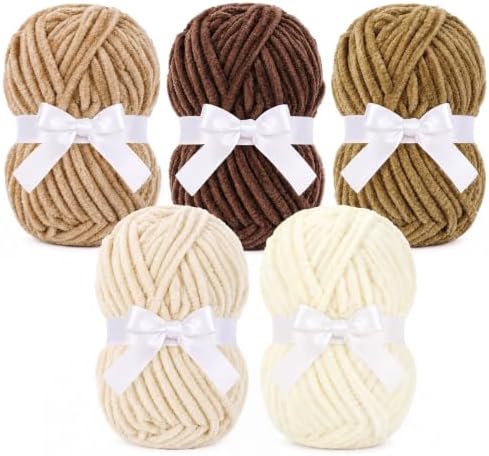 ilauke 5x100g Chenille Wolle zum Häkeln für Amigurumi&DIY Crafts(Brauntöne) | Samtig weiches Chenille Garn Set, Dicke Chenillewolle zum Stricken, Häkelwolle Flauschig für Schal, De