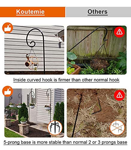 Koutemie 92 Inch Outdoor Shepherd Hook For Hanging Plant, Adjustable Heavy Duty Bird Feeder Pole With 5 Prong Base For Solar Lanterns, Black & 2 Packs #TOP3
