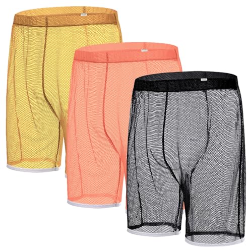JINSHI Men's Sexy Sparkling Fishnet Shorts See Through Mesh Loose Boxer Shorts Sheer Underwear Trunks M L XL 2XL 3XL