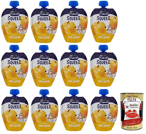 Melinda Passata di Mela Golden Squeez 100% fruta, puré de manzana dorada, fruta para exprimir, 90 g + lata italiana gourmet Polpa di Pomodoro de 400 g