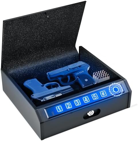 ADIMO Hand Gun Safe, Biometric Gun Safe for Handgun, Pistol with 3 Quick-Access Way Fingerprint/Keypad/Key, SafeBox w/Mute Function for Secure Storage for Bedside Nightstand Car