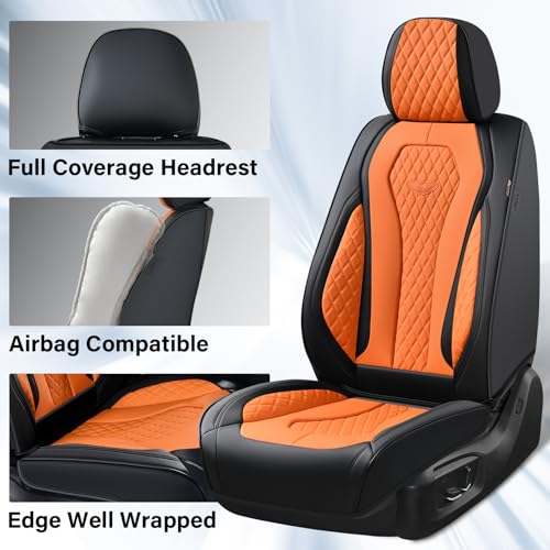 Image of Coverado Car Seat Covers, Seat Covers Front Seats,Orange Car Seat Cover, Waterproof Car Seat Covers, Car Seat Cushion, Front Leather Seat Protector Fit for Most Cars