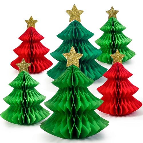6Pcs Honeycomb Paper Christmas Tree, Table Decorations Christmas Honeycomb Ornaments Tabletop Mini Xmas Trees for Party Supplies Home Decor(Red and Green)