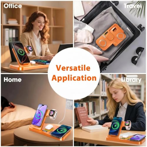 Image of Dual Phone Magnetic Wireless Charging Station for Apple Devices, 7-Color Auto Light & 12H Clock, Multi-Device Charger for iPhone 17 /16 /15, for iWatch 11 /10 /9 & AirPods Pro3(Orange