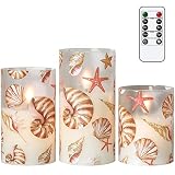 Wondise Glass Flameless Candles with Remote and Timer, Battery Operated Seashell Decals Pillar Candl