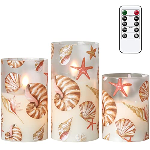Wondise Glass Flameless Candles With Remote And Timer, Battery Operated Seashell Decals Pillar Candles For Home Decoration, Set Of 3(D3 X H4/5/6 Inch) #TOP20
