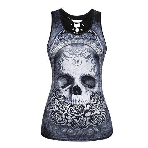 Camisetas sin Mangas Mujer,Lenfesh Camiseta gótico Mujer Negro Punky Chaleco Blusa Camisetas sin Mangas impresión del cráneo Camis Rock Ropa sin Mangas O Cuello de Moda Verano