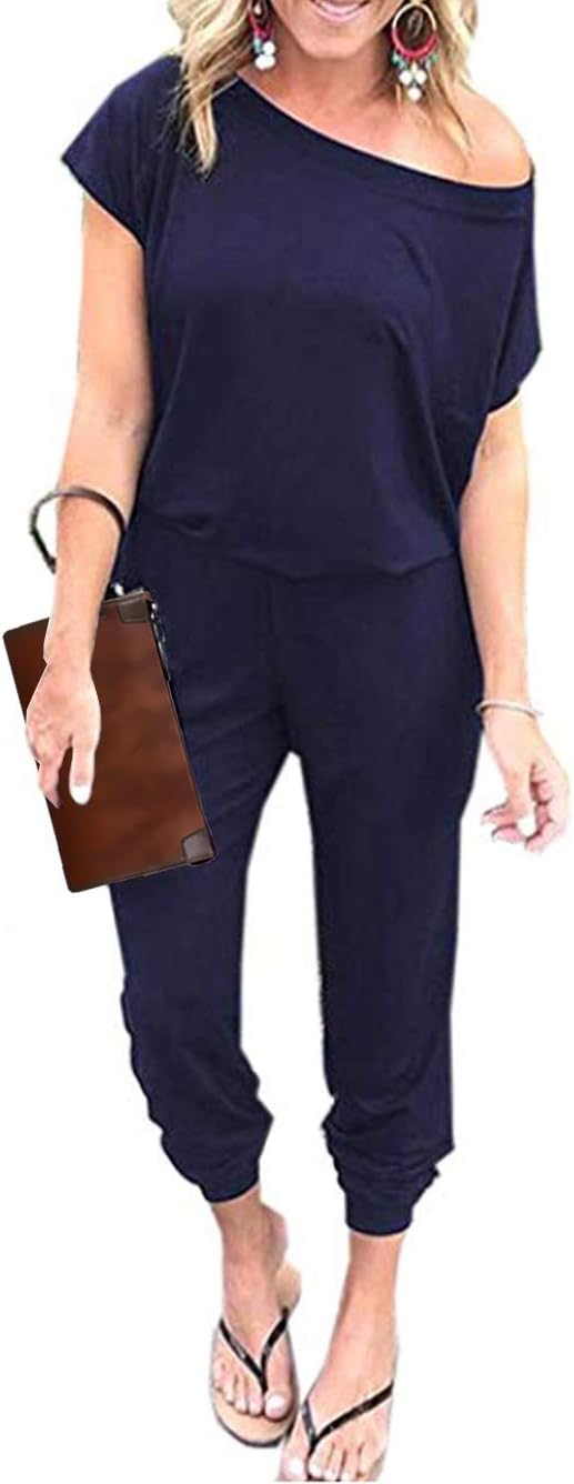 – Women Summer Off One Shoulder Jumpsuit with Pockets