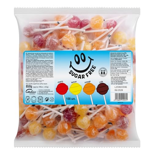 Caramelos Cerdán - Caramelo con Palo sin Azúcar Sabores Variados | Caramelo Redondo Macizo con Palo sin Gluten ni Alérgenos | Bolsa de 100 Unidades | Ideal para Fiestas, Eventos y Cumpleaños