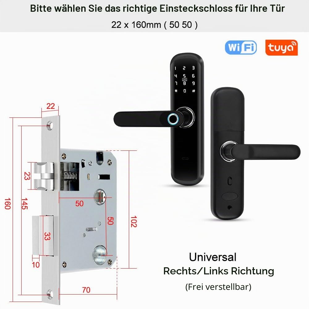 TUYA Smart-Türschloss mit Griff: 5-in-1 mit biometrischer Authentifizierung, digitalem Passwort, schlüssellosem Fingerabdruck-Eingang und elektronischem Bluetooth-Einsteckschloss