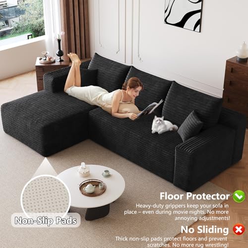 Image of 95 inch Modular Sectional Sofa, Modern Corduroy Cloud Couch with Side Pockets, Boneless Couch Upholstered 3-Seater L-Shaped Sofa for Living Room, No Assembly Required (Black,Left-Facing Chaise)
