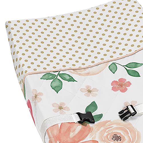Image of Sweet Jojo Designs Peach, Green and Gold Changing Pad Cover for Watercolor Floral Collection - Pink Rose Flower