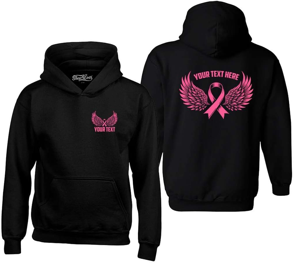 shop4ever Custom Breast Cancer Your Personalized Text Pink Ribbon with Wings Front and Back Hoodie Sweatshirts image 4