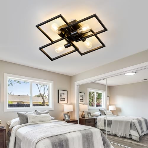 Image of ASGYISA Black Industrial Semi Flush Mount Ceiling Light Kitchen Light Fixtures 4-Light Modern Large Matte Sputnik Chandelier for Dining Room Bedroom Farmhouse Living Room