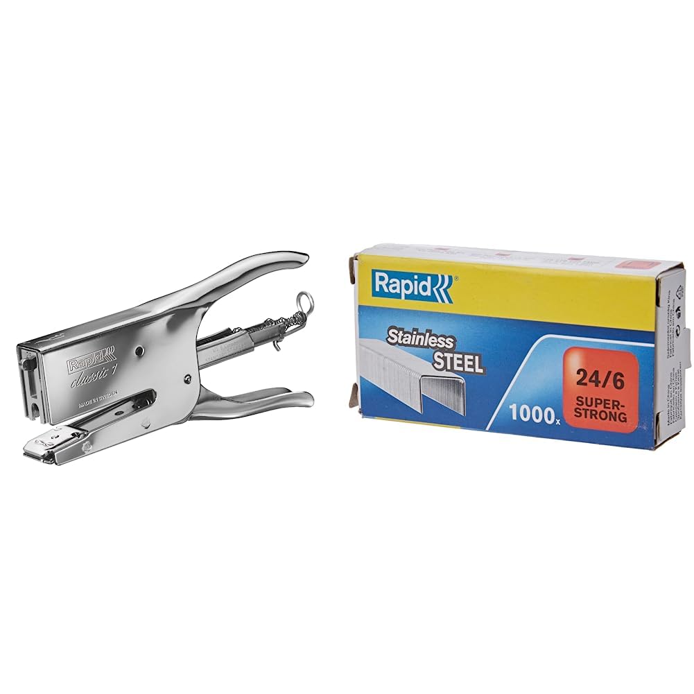 Rapid 10510601 Heftzange K1 (Metall, Heftleistung 50 Blatt, Heftklammerntyp 24) chrom & 24858100 Heftklammern 24/6mm Super Strong, rostfrei, 1000 Stück