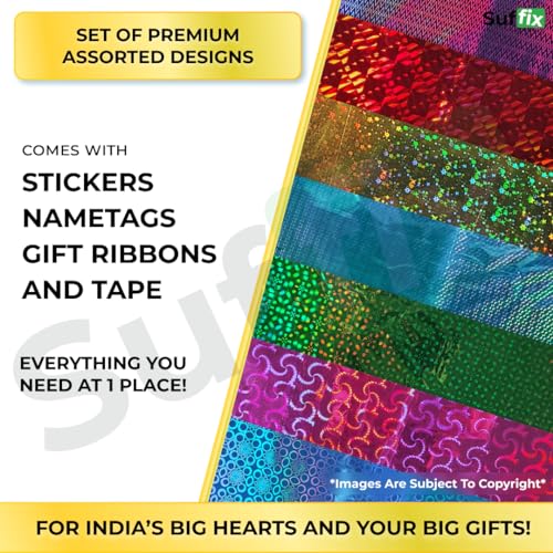 Image of Suffix Retail - 25 PCS Gift Wrapping Sheets - Holographic Patterns - 40 Nametag Stickers, 30 Ribbons For Gift Packing & 2 Clear Tape | Gift Wrap Sheets - 45CM x 65CM (25)
