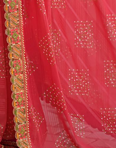 Image of SIRIL Women's Bandhani Printed Georgette Sequence Lace Scalloped Border Saree with Unstitched Blouse Piece