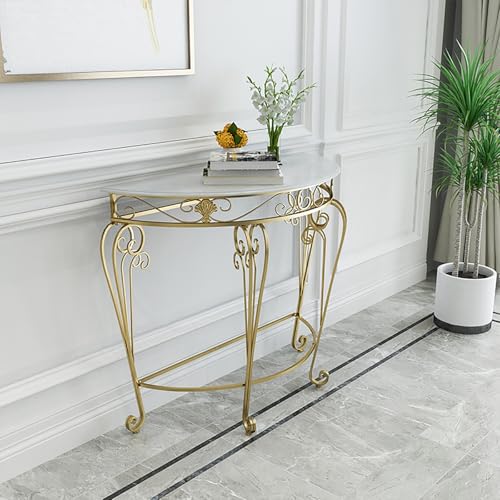 Mesa consola de metal para pasillo estrecho con mármol sintético moderno de 90x45x80 cm 8