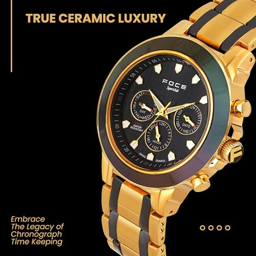 Image of Foce Men's Black & Gold Ceramic Watch - Stylish Dual-Tone Case, Black Dial with 3 Subdials (Day, Date, 24-Hour) - Model F946GGM-BLACK