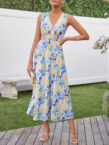 womens summer sleeveless v neck boho long dress floral print midi sundress