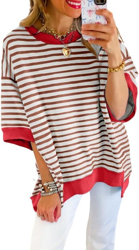 SHEWIN Womens Tops Casual Short Sleeve Sweatshirt Crewneck Striped Shirt Pullover T Shirts Loose Blouses - Image 2