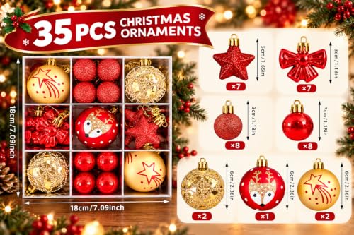 35 Piece Christmas Tree Ornaments Set Decorative Balls with Stars Bows and Reindeer Designs for Holiday Decor Red and Gold - image 3