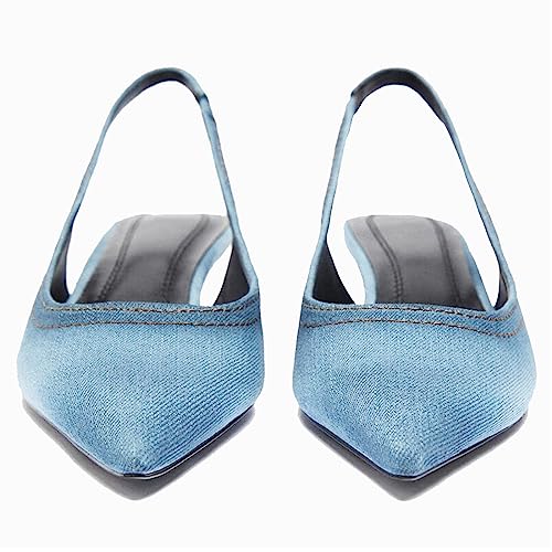 EFTCAL Women's Pointed Toe Denim Low Heel Pumps Shoes,Slingback Ankle Strap Fashion Kitten Heel Dress Shoes Office Work Shoes4