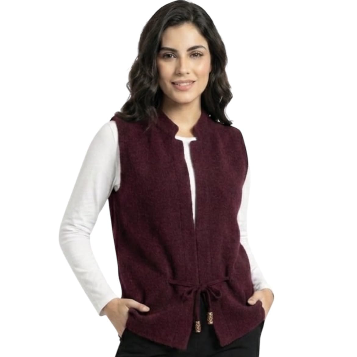 Women Maroon Long Open Front Sleeveless Cardigan Bust 41 Inch Winter Layering Shrug with Front Pockets-image-1