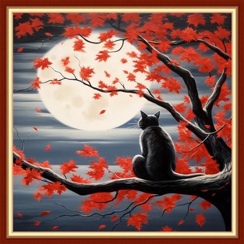 Image of Findvoor Stamped Cross Stitch Kits for Beginners Full Range of Cross Stitching Embroidery Pattern for Adults, 11CT DIY Needlepoint Embroidery Starter Kits-Cat Watching Moon 17.7x17.7 inch