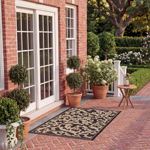 SAFAVIEH Washable Rug Outdoor Courtyard Collection - 2' x 3'7", Black & Sand, Non-Shedding & Easy Cleaning, Ideal for Patio, Front Door, Entryway, Doormat (CY2653-3908)