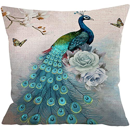 Guhoo 20 X 20 Blue Peacock Throw Pillow Covers, Peacock Pillow Cover 20 X 20, Throw Peacock Print Pillowcases Decorative Outdoor Linen Square Pillow Cases With Hidden Zipper For Couch Sofa Patio Décor #TOP4