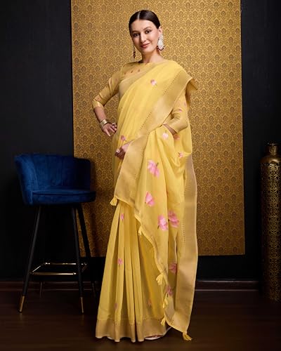 Image of SWORNOF Womens Linen Silk Saree | Saree for Women With Unstitched Blouse | Saree with Blouse Piece | Soft and Skin Friendly