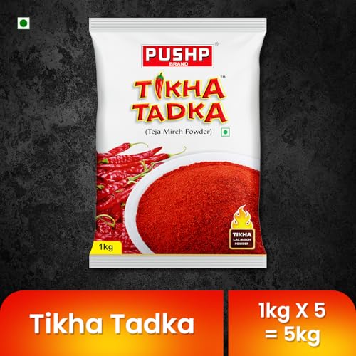 Image of Pushp Brand Tikha Tadka Mirch Powder | Red Chilli Powder 1kg (Pack of 5) | Extra Hot Lal Mirchi Powder with Natural Oils, Fine Teja Mirch Powder for Everyday Indian Cooking