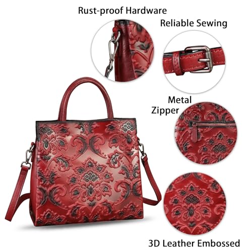 Image of Genuine Leather Satchel for Women Top Handle Handbag Handmade Embossed Vintage Satchel Crossbody Handbags Purse Bag