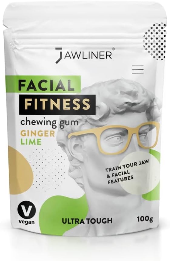JAWLINER® Jawline Gum - Hard Chewing Gum for Jawline Exercise - 2-Month Pack - Jaw Gum for a Chiseled Jawline, Facial Fitness Chewing Gum, 10 X Stronger Gum (1 count (Pack of 1), Ginger Lime)